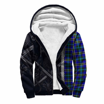 Hope Tartan Sherpa Hoodie with Family Crest Cross Sword Thistle Celtic Vibes