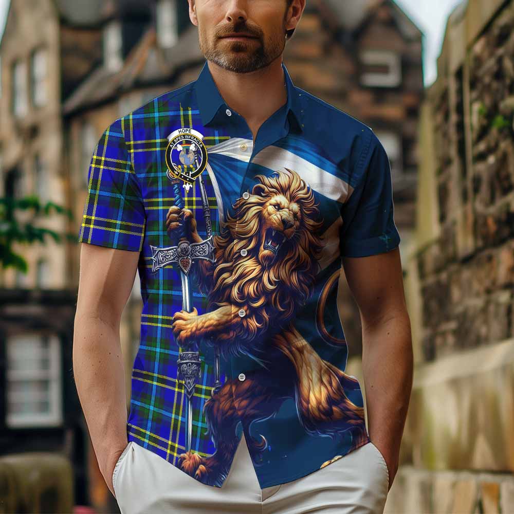 Tartan Vibes Clothing Hope Tartan Family Crest Short Sleeve Button Shirt with Scottish Majestic Lion