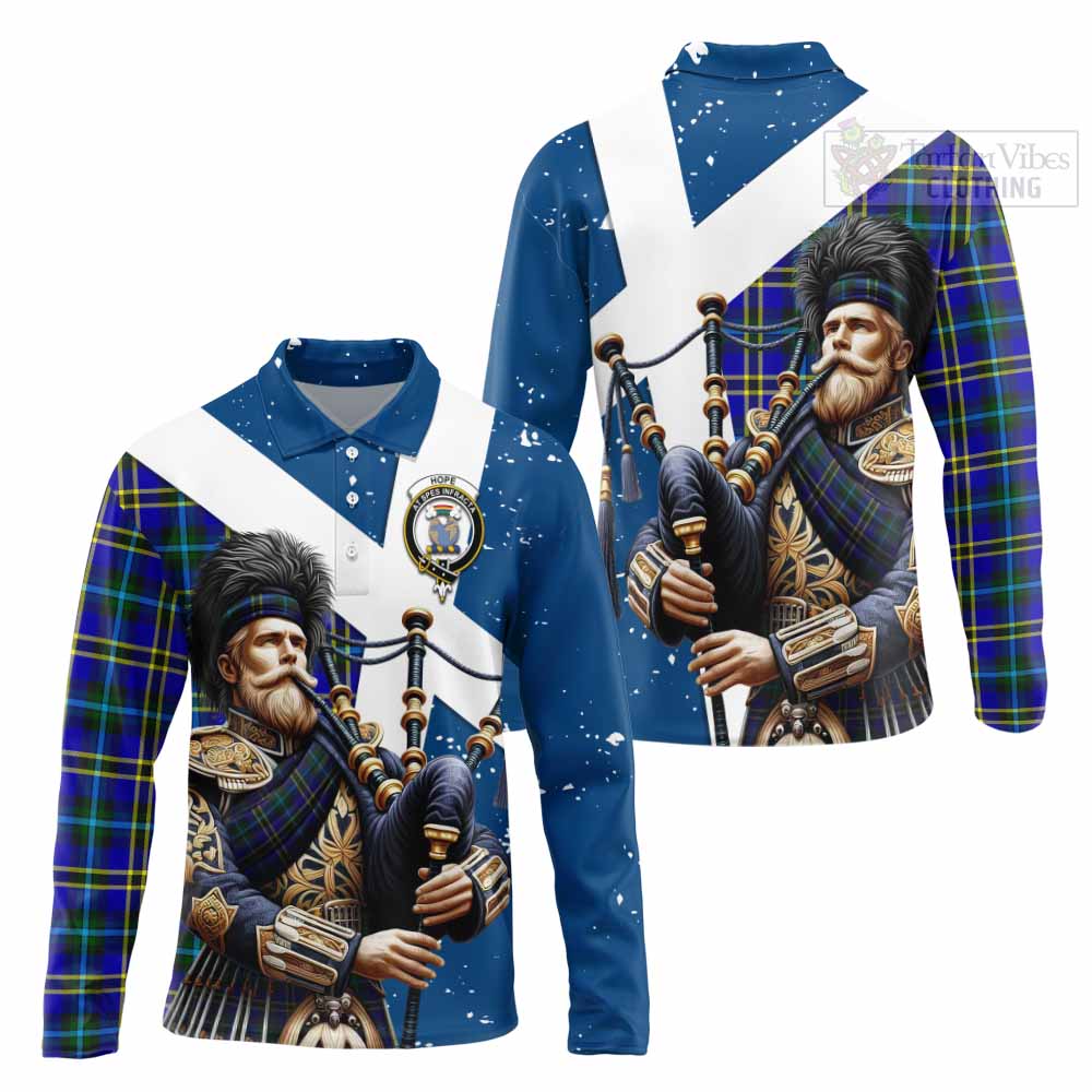 Tartan Vibes Clothing Hope Tartan Long Sleeve Polo Shirt with Family Crest Scottish Bagpiper Vibes