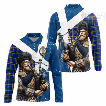 Hope Tartan Long Sleeve Polo Shirt with Family Crest Scottish Bagpiper Vibes