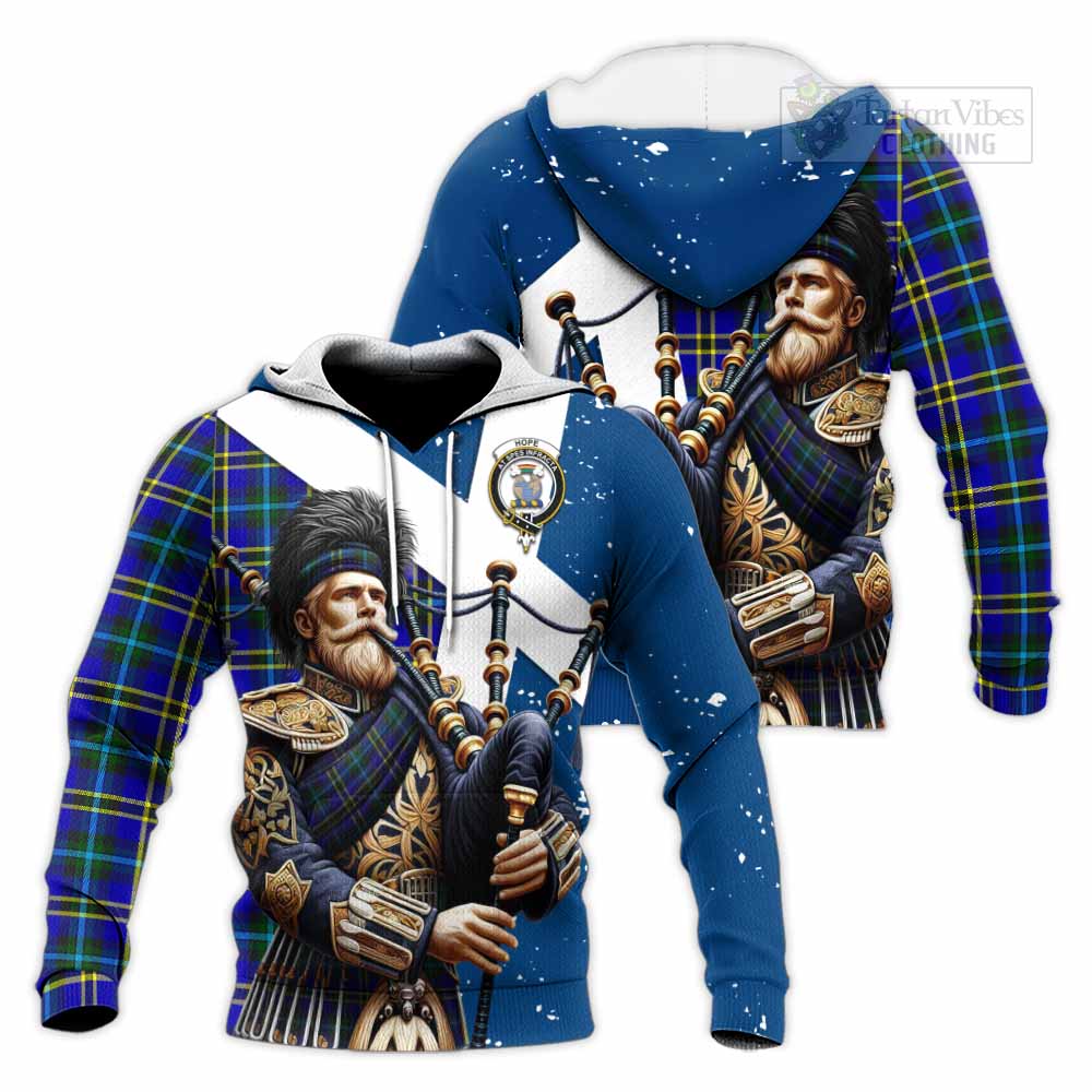 Tartan Vibes Clothing Hope Tartan Knitted Hoodie with Family Crest Scottish Bagpiper Vibes