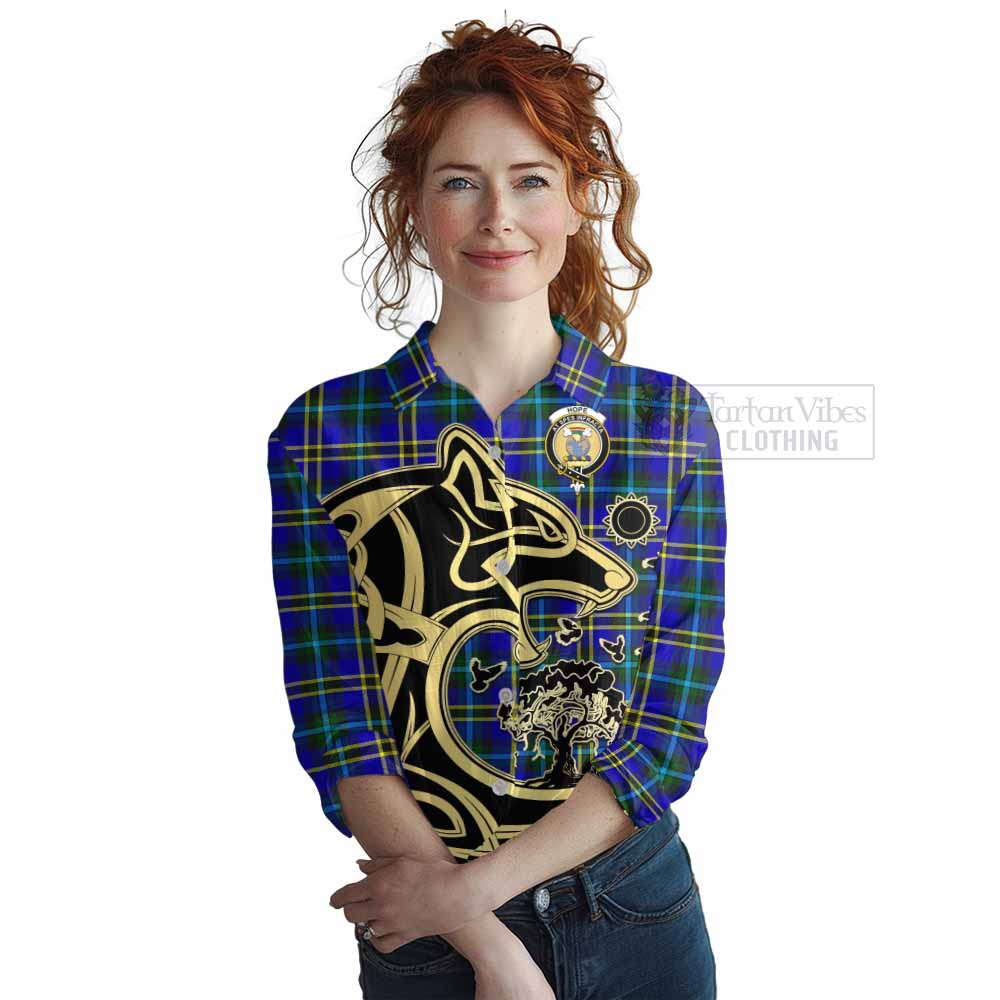 Tartan Vibes Clothing Hope Tartan Women's Casual Shirt with Family Crest Celtic Wolf Style