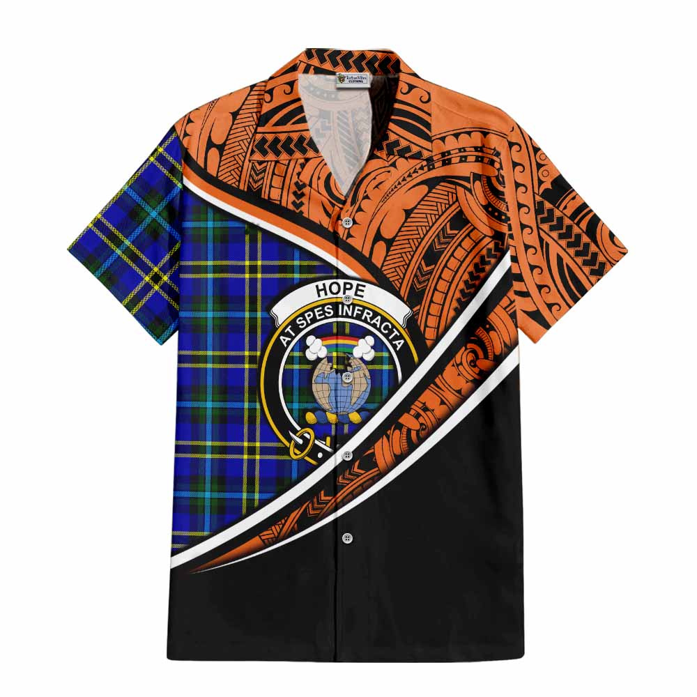 Tartan Vibes Clothing Hope Crest Tartan Short Sleeve Button Shirt with Maori Tattoo Style - Orange Version