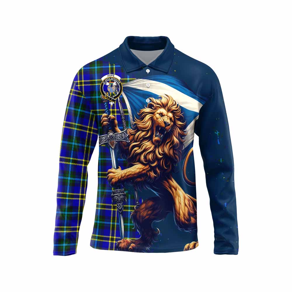 Tartan Vibes Clothing Hope Tartan Family Crest Long Sleeve Polo Shirt with Scottish Majestic Lion