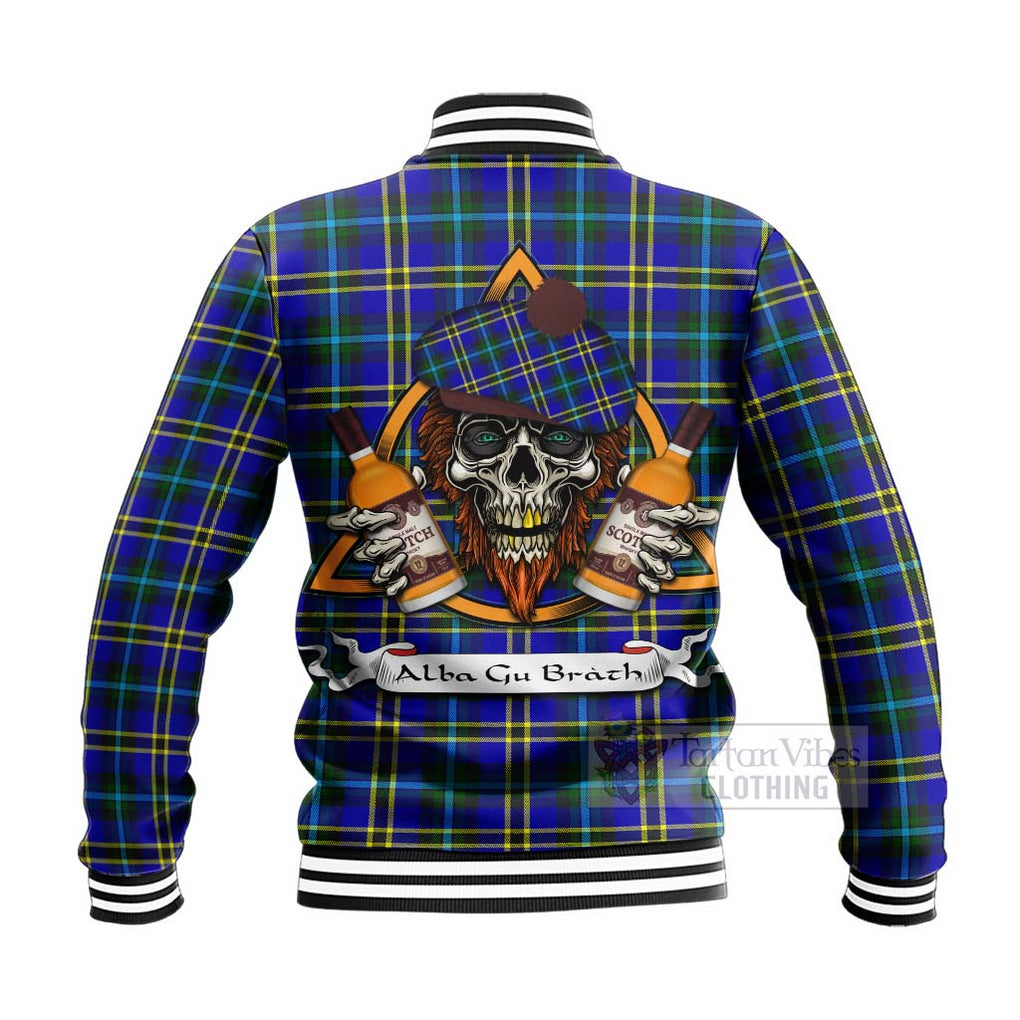 Tartan Vibes Clothing Hope Tartan Baseball Jacket with Family Crest and Bearded Skull Holding Bottles of Whiskey