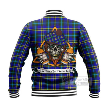 Hope Tartan Baseball Jacket with Family Crest and Bearded Skull Holding Bottles of Whiskey