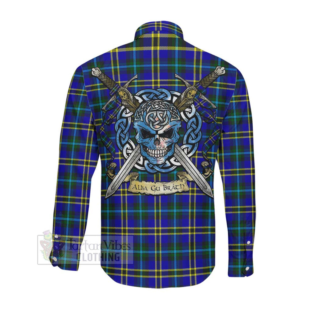 Tartan Vibes Clothing Hope Tartan Long Sleeve Button Shirt with Family Crest Celtic Skull Style