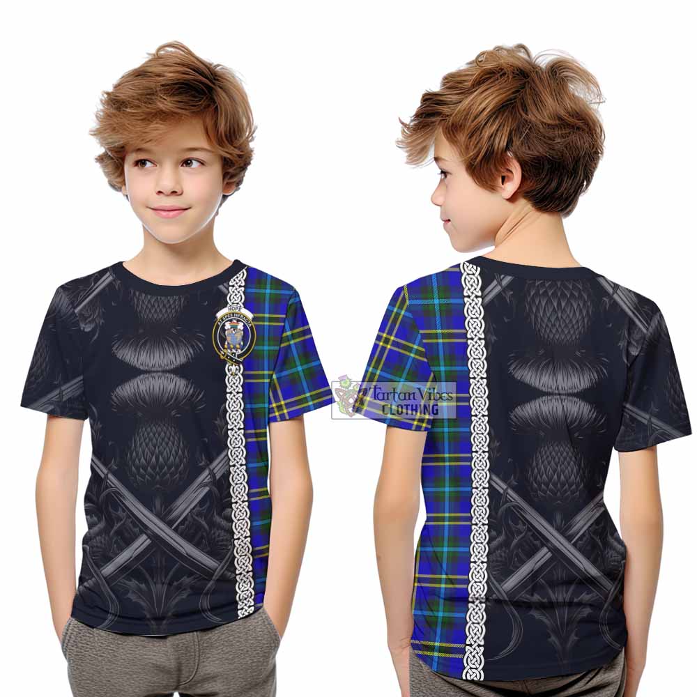 Tartan Vibes Clothing Hope Tartan Kid T-Shirt with Family Crest Cross Sword Thistle Celtic Vibes