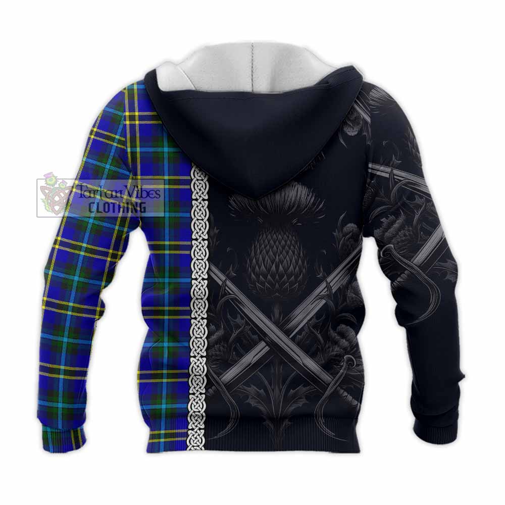 Tartan Vibes Clothing Hope Tartan Knitted Hoodie with Family Crest Cross Sword Thistle Celtic Vibes