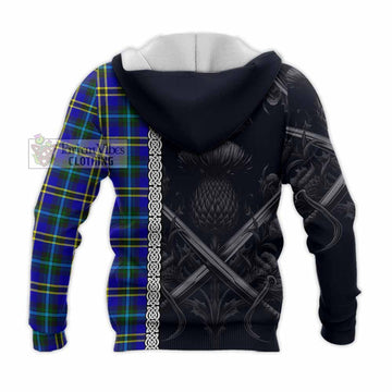 Hope Tartan Knitted Hoodie with Family Crest Cross Sword Thistle Celtic Vibes