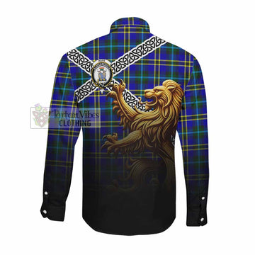 Hope Crest Tartan Long Sleeve Button Shirt with Golden Lion Emblem Celtic Style Men's Shirt - Tartan Vibes Clothing