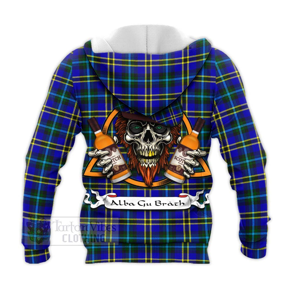 Tartan Vibes Clothing Hope Tartan Knitted Hoodie with Family Crest and Bearded Skull Holding Bottles of Whiskey