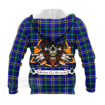 Hope Tartan Knitted Hoodie with Family Crest and Bearded Skull Holding Bottles of Whiskey