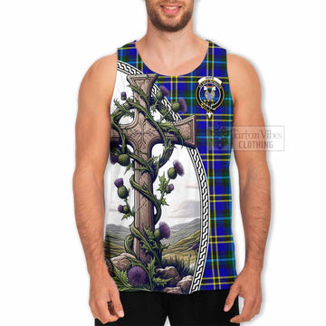 Hope Tartan Men's Tank Top with Family Crest and St. Andrew's Cross Accented by Thistle Vines - Tartan Vibes Clothing