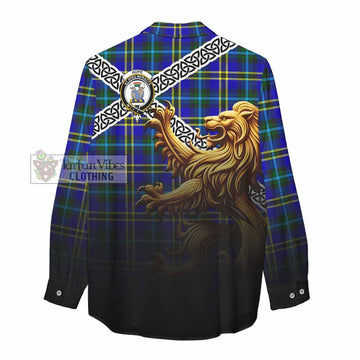 Hope Crest Tartan Women's Casual Shirt with Golden Lion Emblem Celtic Style - Tartan Vibes Clothing
