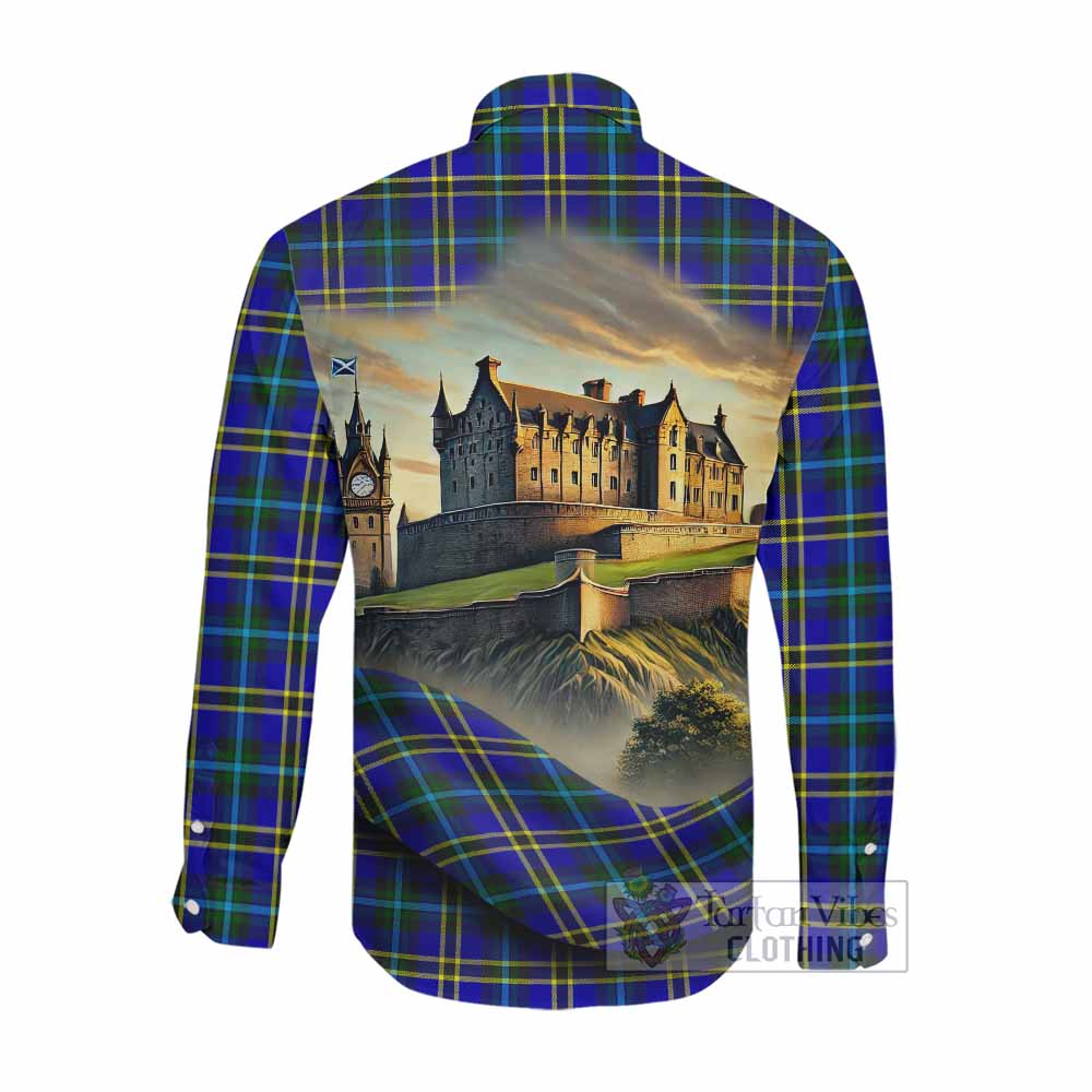 Hope Tartan Family Crest Long Sleeve Button Shirt with Scottish Ancient Castle Style Men's Shirt - Tartan Vibes Clothing