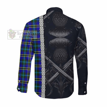 Hope Tartan Long Sleeve Button Shirt with Family Crest Cross Sword Thistle Celtic Vibes