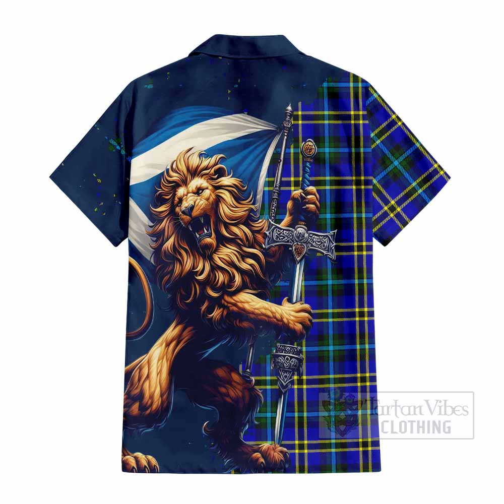 Tartan Vibes Clothing Hope Tartan Family Crest Short Sleeve Button Shirt with Scottish Majestic Lion