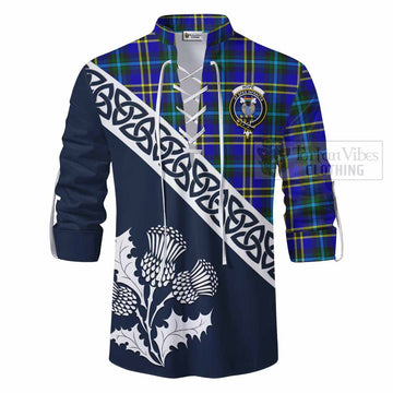 Hope Tartan Ghillie Kilt Shirt Featuring Thistle and Scotland Map