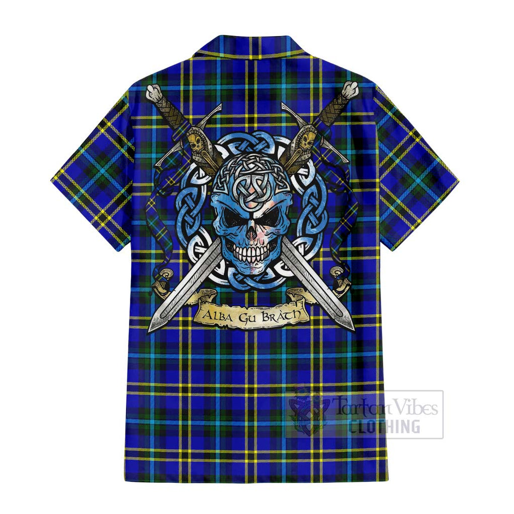 Tartan Vibes Clothing Hope Tartan Short Sleeve Button Shirt with Family Crest Celtic Skull Style