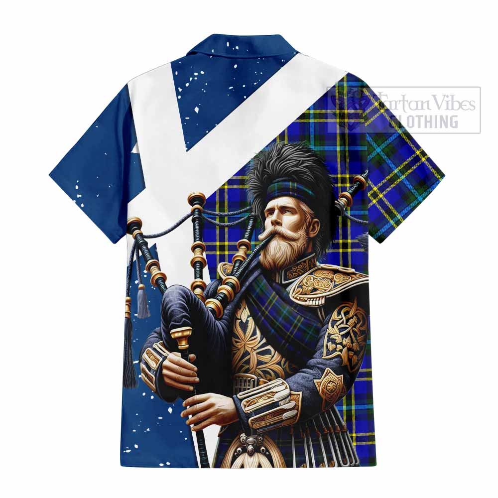 Tartan Vibes Clothing Hope Tartan Short Sleeve Button Shirt with Family Crest Scottish Bagpiper Vibes