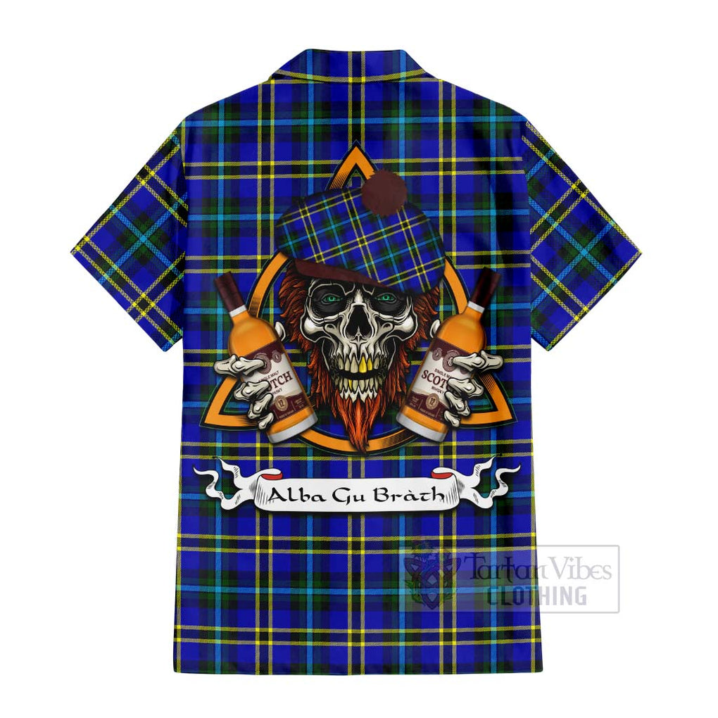 Tartan Vibes Clothing Hope Tartan Short Sleeve Button Shirt with Family Crest and Bearded Skull Holding Bottles of Whiskey