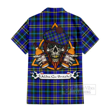 Hope Tartan Short Sleeve Button Shirt with Family Crest and Bearded Skull Holding Bottles of Whiskey