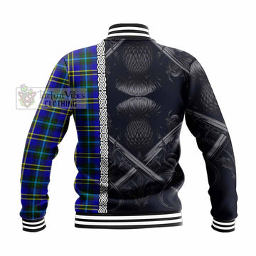 Hope Tartan Baseball Jacket with Family Crest Cross Sword Thistle Celtic Vibes