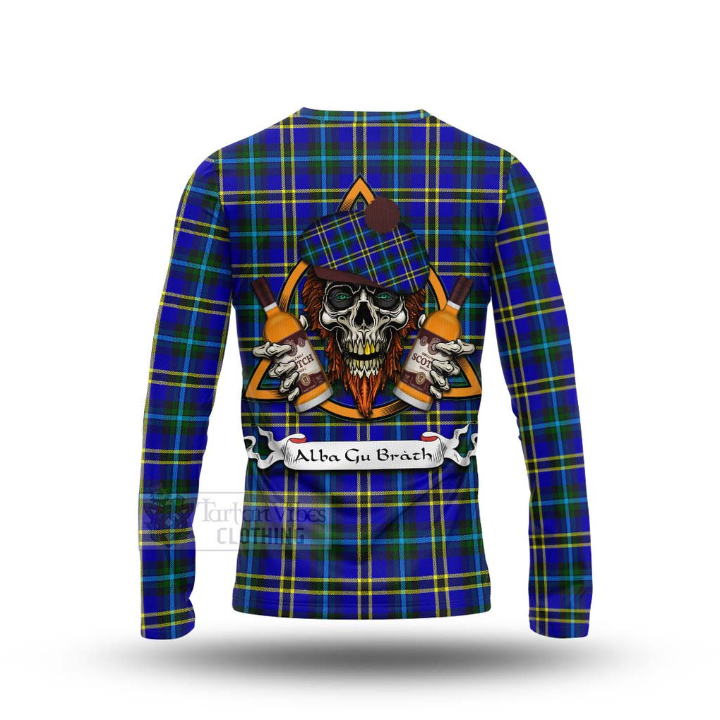 Tartan Vibes Clothing Hope Tartan Long Sleeve T-Shirt with Family Crest and Bearded Skull Holding Bottles of Whiskey