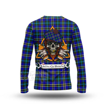 Hope Tartan Long Sleeve T-Shirt with Family Crest and Bearded Skull Holding Bottles of Whiskey