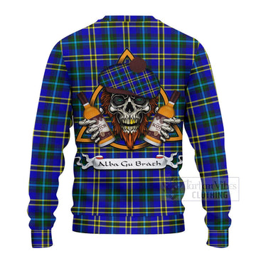 Hope Tartan Ugly Sweater with Family Crest and Bearded Skull Holding Bottles of Whiskey