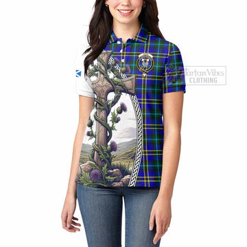 Hope Tartan Women's Polo Shirt with Family Crest and St. Andrew's Cross Accented by Thistle Vines