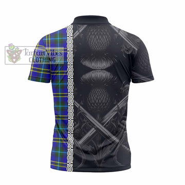 Hope Tartan Zipper Polo Shirt with Family Crest Cross Sword Thistle Celtic Vibes