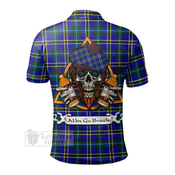 Hope Tartan Polo Shirt with Family Crest and Bearded Skull Holding Bottles of Whiskey