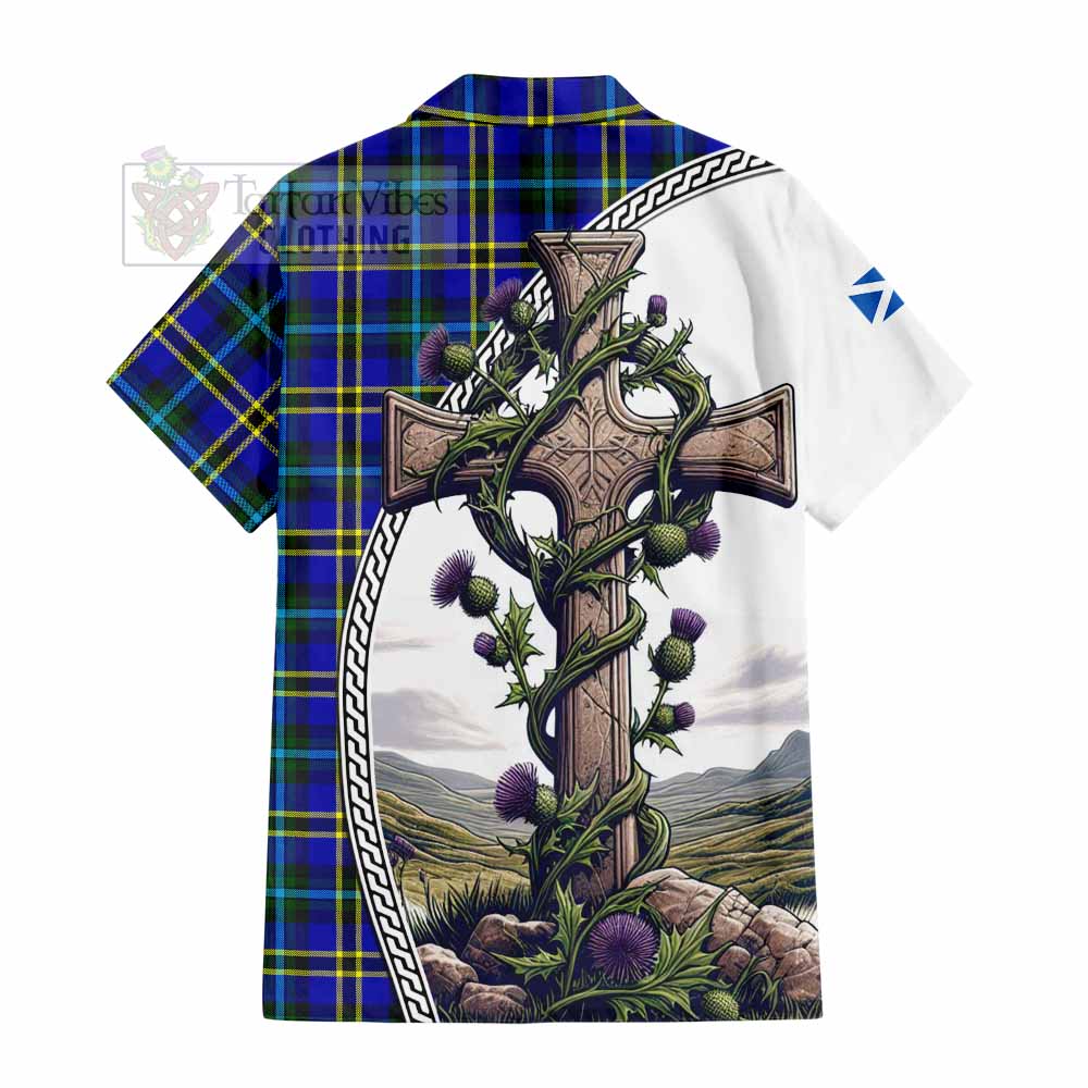 Tartan Vibes Clothing Hope Tartan Short Sleeve Button Shirt with Family Crest and St. Andrew's Cross Accented by Thistle Vines