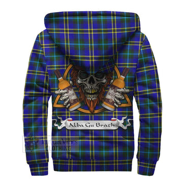 Hope Tartan Sherpa Hoodie with Family Crest and Bearded Skull Holding Bottles of Whiskey