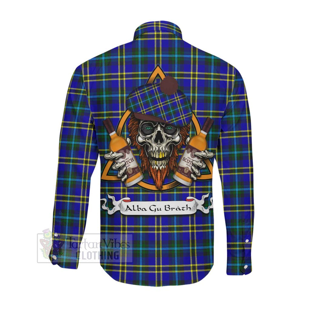 Tartan Vibes Clothing Hope Tartan Long Sleeve Button Shirt with Family Crest and Bearded Skull Holding Bottles of Whiskey