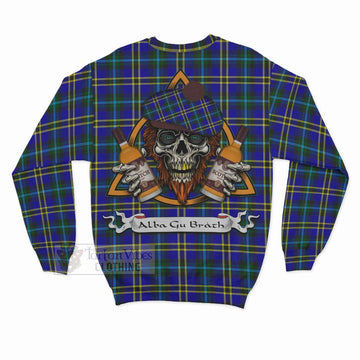 Hope Tartan Sweatshirt with Family Crest and Bearded Skull Holding Bottles of Whiskey