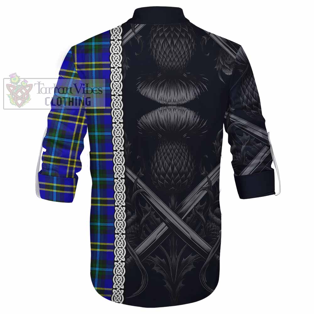 Tartan Vibes Clothing Hope Tartan Ghillie Kilt Shirt with Family Crest Cross Sword Thistle Celtic Vibes