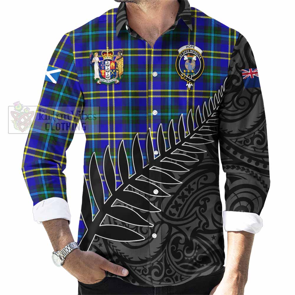 Tartan Vibes Clothing Hope Crest Tartan Long Sleeve Button Shirt with New Zealand Silver Fern Half Style