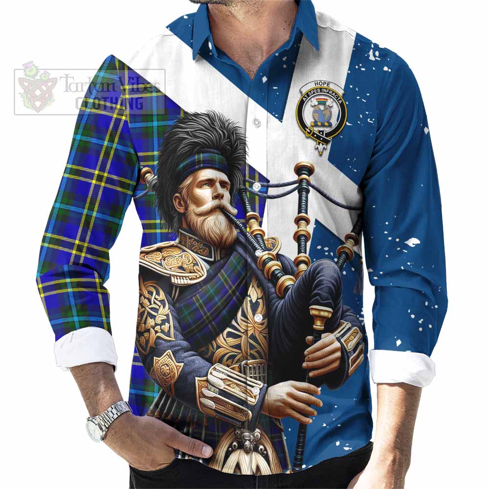 Tartan Vibes Clothing Hope Tartan Long Sleeve Button Shirt with Family Crest Scottish Bagpiper Vibes