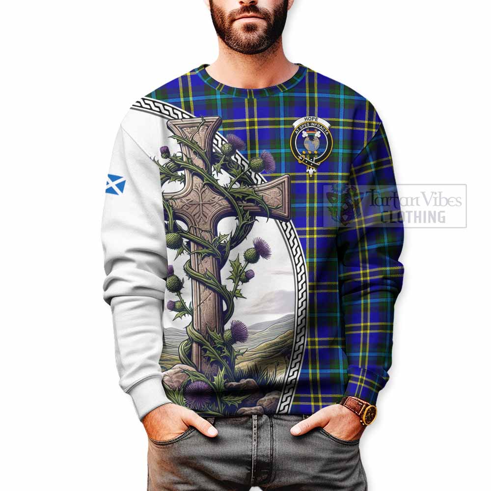 Tartan Vibes Clothing Hope Tartan Sweatshirt with Family Crest and St. Andrew's Cross Accented by Thistle Vines