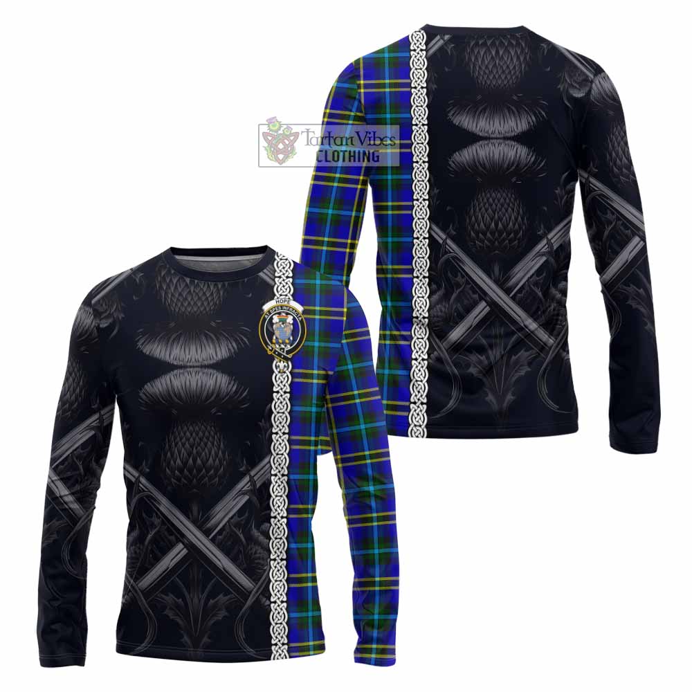 Tartan Vibes Clothing Hope Tartan Long Sleeve T-Shirt with Family Crest Cross Sword Thistle Celtic Vibes