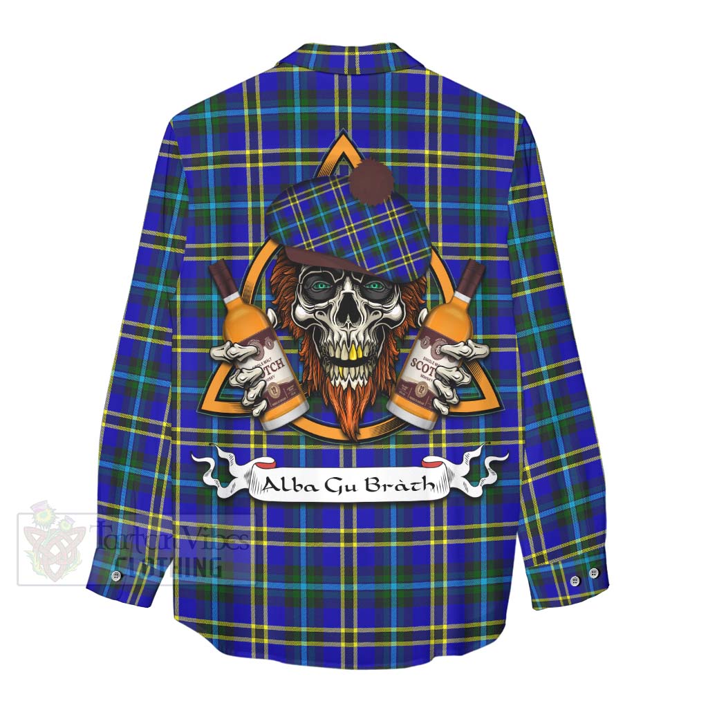 Tartan Vibes Clothing Hope Tartan Women's Casual Shirt with Family Crest and Bearded Skull Holding Bottles of Whiskey