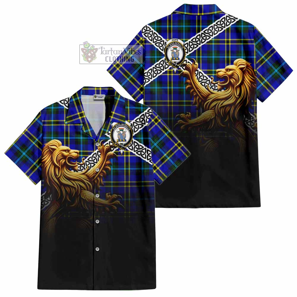 Hope Crest Tartan Hawaiian Shirt with Golden Lion Emblem Celtic Style - Tartan Vibes Clothing
