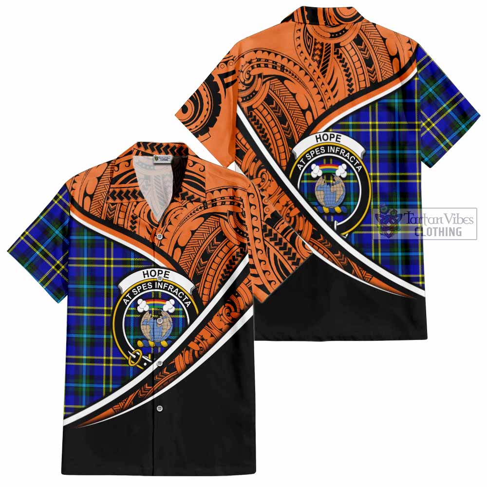 Tartan Vibes Clothing Hope Crest Tartan Short Sleeve Button Shirt with Maori Tattoo Style - Orange Version