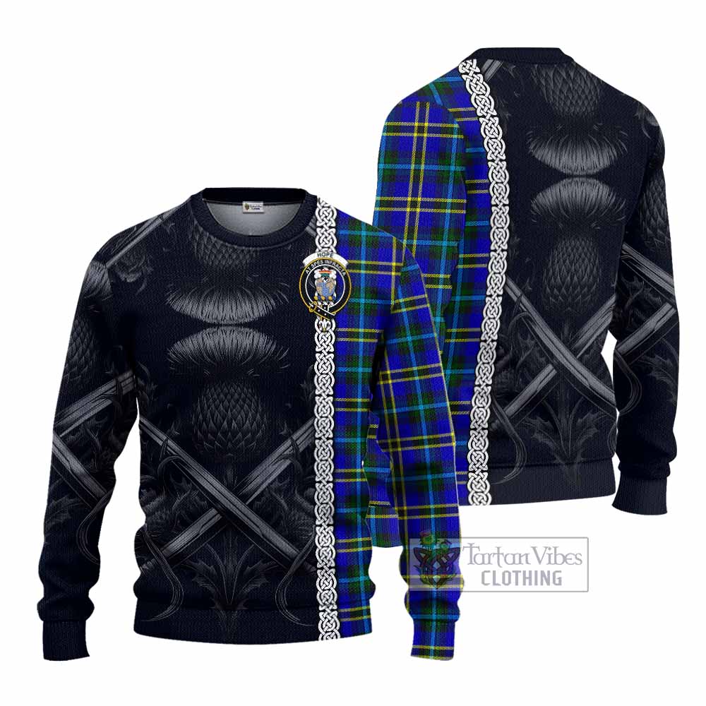 Tartan Vibes Clothing Hope Tartan Knitted Sweater with Family Crest Cross Sword Thistle Celtic Vibes