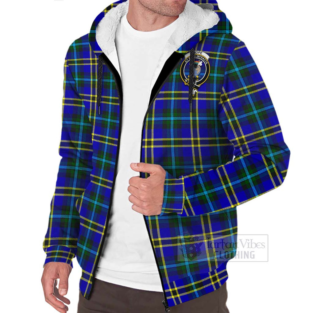 Tartan Vibes Clothing Hope Tartan Sherpa Hoodie with Family Crest and Bearded Skull Holding Bottles of Whiskey