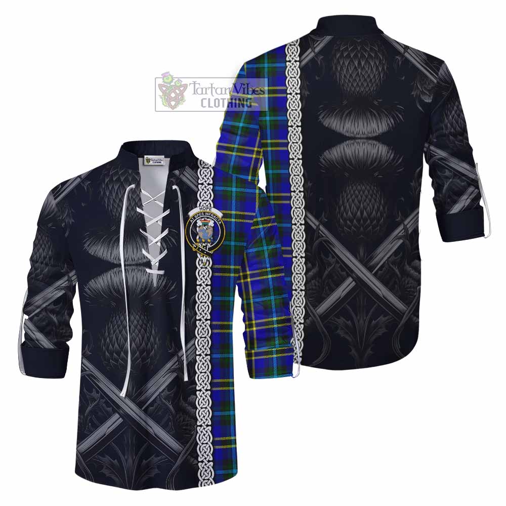 Tartan Vibes Clothing Hope Tartan Ghillie Kilt Shirt with Family Crest Cross Sword Thistle Celtic Vibes