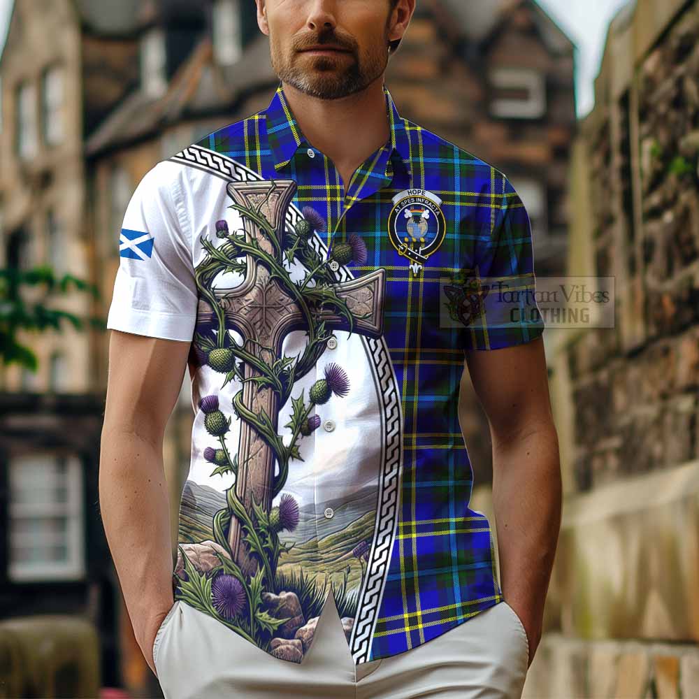 Tartan Vibes Clothing Hope Tartan Short Sleeve Button Shirt with Family Crest and St. Andrew's Cross Accented by Thistle Vines